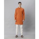 Mens Blended Linen Orange Solid Regular Fit Kurta