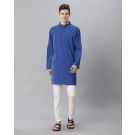 Mens Blended Linen Blue Solid Regular Fit Kurta