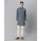 Mens Blended Linen Blue Printed Regular Fit Kurta