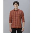 Men's Blended Linen Orange Checked Contemporary Fit Full Sleeve Sleeve Casual Shirt