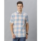 Men's Blended Linen Turquoise Blue Checked Contemporary Fit Full Sleeve Sleeve Casual Shirt