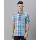 Men's Blended Linen Blue Checked Contemporary Fit Half Sleeve Sleeve Casual Shirt