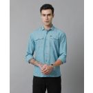 Men's Blended Linen Turquoise Blue Solid Contemporary Fit Full Sleeve Sleeve Casual Shirt