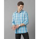 Men's Blended Linen Blue Checked Contemporary Fit Full Sleeve Casual Shirt