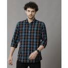 Men's Blended Linen Turquoise Blue Checked Contemporary Fit Full Sleeve Sleeve Casual Shirt
