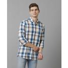 Men's Blended Linen Blue Checked Contemporary Fit Full Sleeve Sleeve Casual Shirt