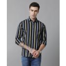 Men's Blended Linen Black Striped Contemporary Fit Full Sleeve Sleeve Casual Shirt