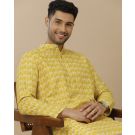 Mens Linen Yellow Printed Regular Fit Kurta