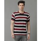 Men's Premium Blended Linen Maroon Striped Contemporary Fit Half Sleeve Round Neck Casual T-Shirt