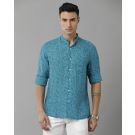 Men's Pure Linen Turquoise Blue Printed Contemporary Fit Full Sleeve Sleeve Casual Shirt