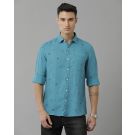 Men's Pure Linen Turquoise Blue Printed Contemporary Fit Full Sleeve Sleeve Casual Shirt