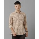 Men's Pure Linen Brown Printed Contemporary Fit Full Sleeve Sleeve Casual Shirt
