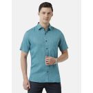Men's Pure Linen Turquoise Blue Solid Contemporary Fit Half Sleeve Sleeve Casual Shirt