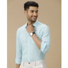 Men's Pure Linen Blue Solid Contemporary Fit Full Sleeve Casual Shirt