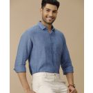 Men's Pure Linen Blue Solid Contemporary Fit Full Sleeve Casual Shirt