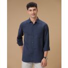 Men's Pure Linen Navy Solid Contemporary Fit Full Sleeve Casual Shirt