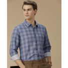 Men's Linen Rich Blue Checked Contemporary Fit Full Sleeve Casual Shirt