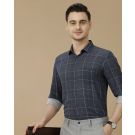 Men's Linen Rich Navy Blue Checked Contemporary Fit Full Sleeve Casual Shirt