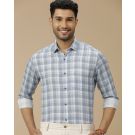Men's Linen Rich Blue Checked Contemporary Fit Full Sleeve Casual Shirt