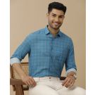 Men's Linen Rich Blue Checked Contemporary Fit Full Sleeve Casual Shirt