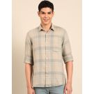 Linen Club Men's Pure Linen Natural Checkered Contemporary Fit Full Sleeve Casual Shirt