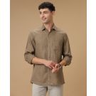Men's Pure Linen Brown Checked Contemporary Fit Full Sleeve Casual Shirt