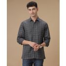 Men's Pure Linen Grey Checked Contemporary Fit Full Sleeve Casual Shirt