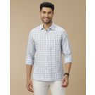 Men's Pure Linen Blue Checked Contemporary Fit Full Sleeve Casual Shirt
