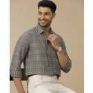 Men's Pure Linen Grey Checked Contemporary Fit Full Sleeve Casual Shirt