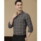 Men's Pure Linen Grey Checked Contemporary Fit Full Sleeve Casual Shirt
