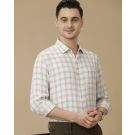 Men's Pure Linen Beige Checked Contemporary Fit Full Sleeve Casual Shirt