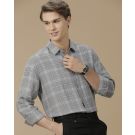 Men's Pure Linen Grey Checked Contemporary Fit Full Sleeve Casual Shirt