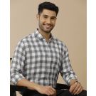 Men's Pure Linen Grey Checked Contemporary Fit Full Sleeve Casual Shirt