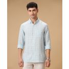 Men's Pure Linen Blue Checked Contemporary Fit Full Sleeve Casual Shirt