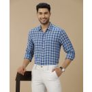 Men's Pure Linen Blue Checked Contemporary Fit Full Sleeve Casual Shirt