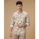 Men's Linen Rich Beige Printed Contemporary Fit Full Sleeve Casual Shirt