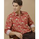 Men's Linen Rich Red Printed Contemporary Fit Full Sleeve Casual Shirt