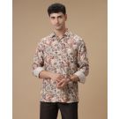 Men's Linen Rich Beige Printed Contemporary Fit Full Sleeve Casual Shirt