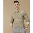 Men's Linen Rich Green Printed Contemporary Fit Full Sleeve Casual Shirt
