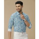 Men's Linen Rich Turquoise Blue Printed Contemporary Fit Full Sleeve Casual Shirt