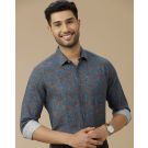 Men's Linen Rich Blue Printed Contemporary Fit Full Sleeve Casual Shirt