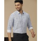 Men's Linen Rich Blue Printed Contemporary Fit Full Sleeve Casual Shirt