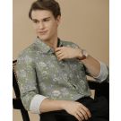 Men's Linen Rich Green Printed Contemporary Fit Full Sleeve Casual Shirt