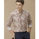 Men's Linen Rich Brown Printed Contemporary Fit Full Sleeve Casual Shirt