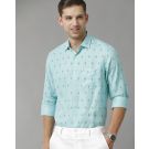 Men's Pure Linen Turquoise Blue Printed Contemporary Fit Full Sleeve Sleeve Casual Shirt