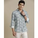 Men's Pure Linen Blue Printed Contemporary Fit Full Sleeve Sleeve Casual Shirt