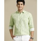 Men's Pure Linen Green Printed Contemporary Fit Full Sleeve Casual Shirt