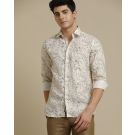 Men's Pure Linen Grey Printed Contemporary Fit Full Sleeve Casual Shirt