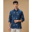 Men's Pure Linen Blue Printed Contemporary Fit Full Sleeve Casual Shirt