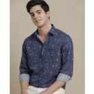 Men's Linen Rich Navy Blue Printed Contemporary Fit Full Sleeve Sleeve Casual Shirt
